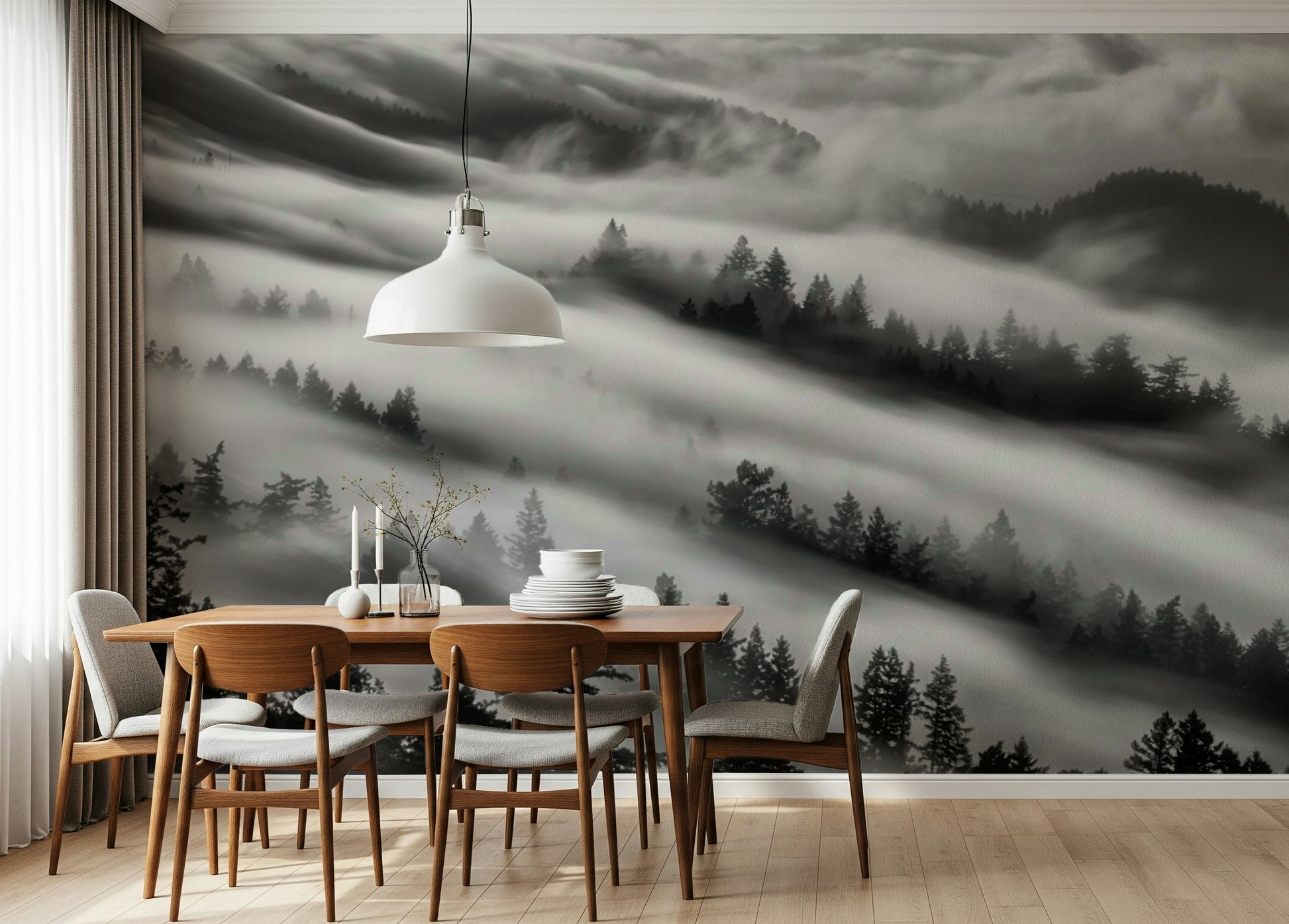 Monochrome pine tree hills on Forest Veil mural art.