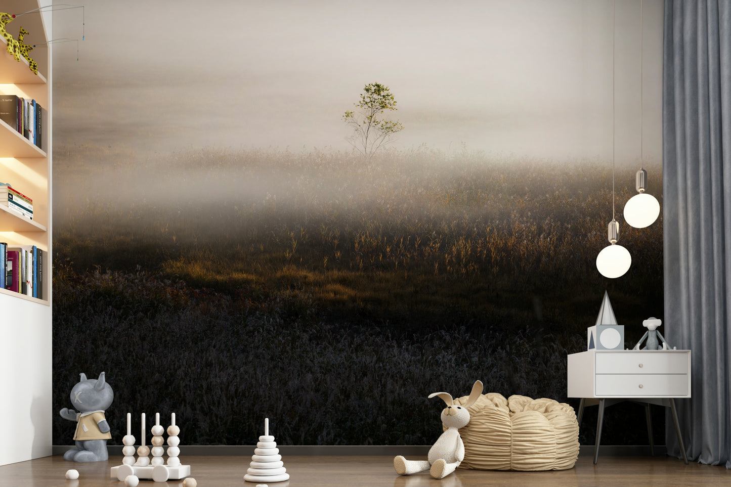 Scattered tall grasses in Misty Dawn Meadow peaceful design.