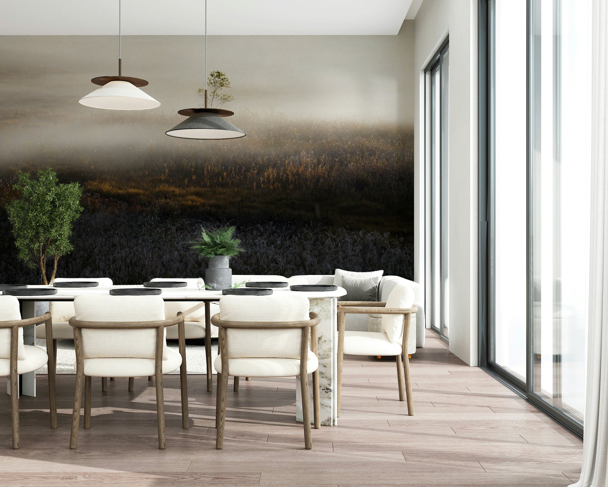 Wide landscape view showing Misty Dawn Meadow beautiful light.