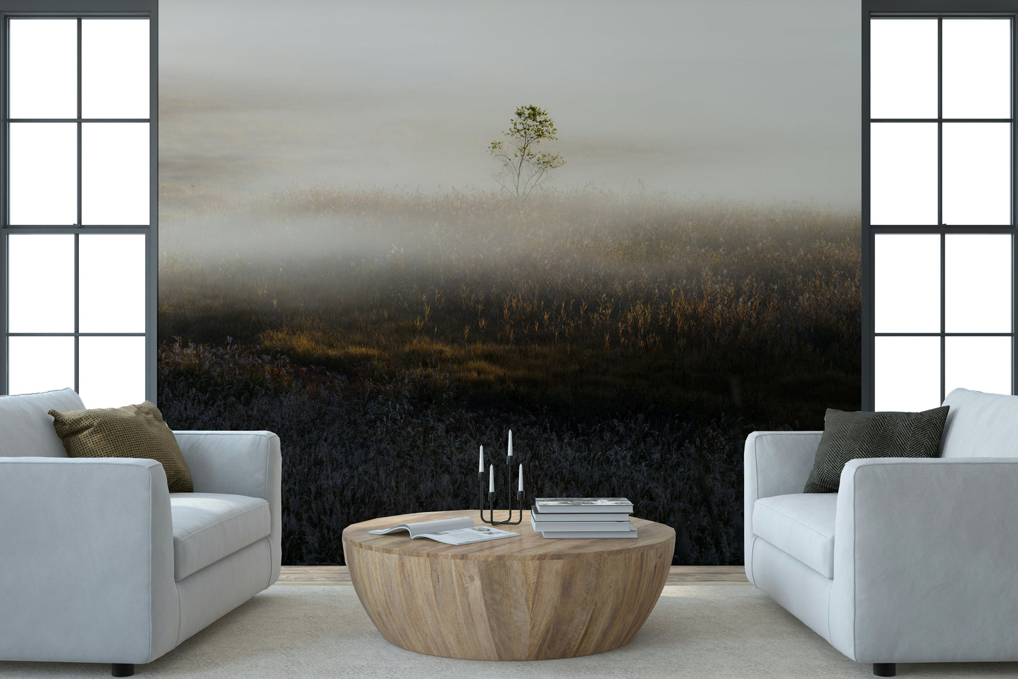 Thick mist covering field defines Misty Dawn Meadow for walls.