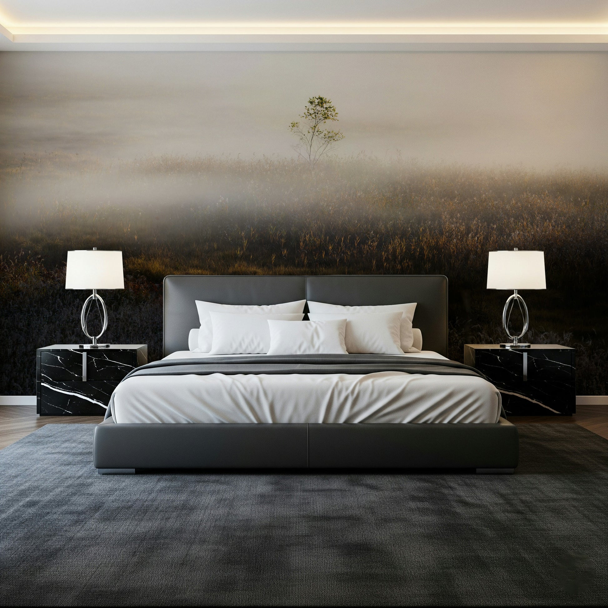 Monochrome light hues for Misty Dawn Meadow unique wallpaper.