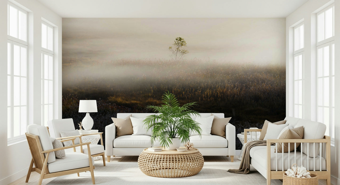 Symmetrical fog layers of Misty Dawn Meadow mural.