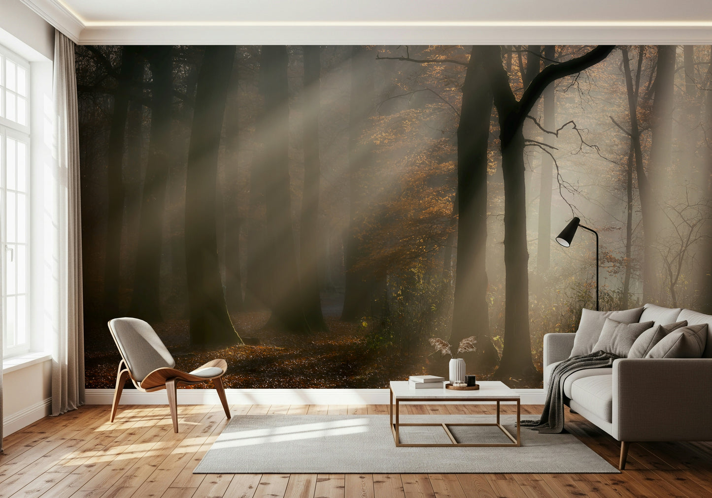 Golden sunbeams through trees in Golden Haze wallpaper.