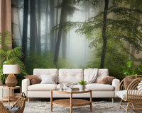Serene Misty Woods Escape print, soft light magical forest wallcovering.