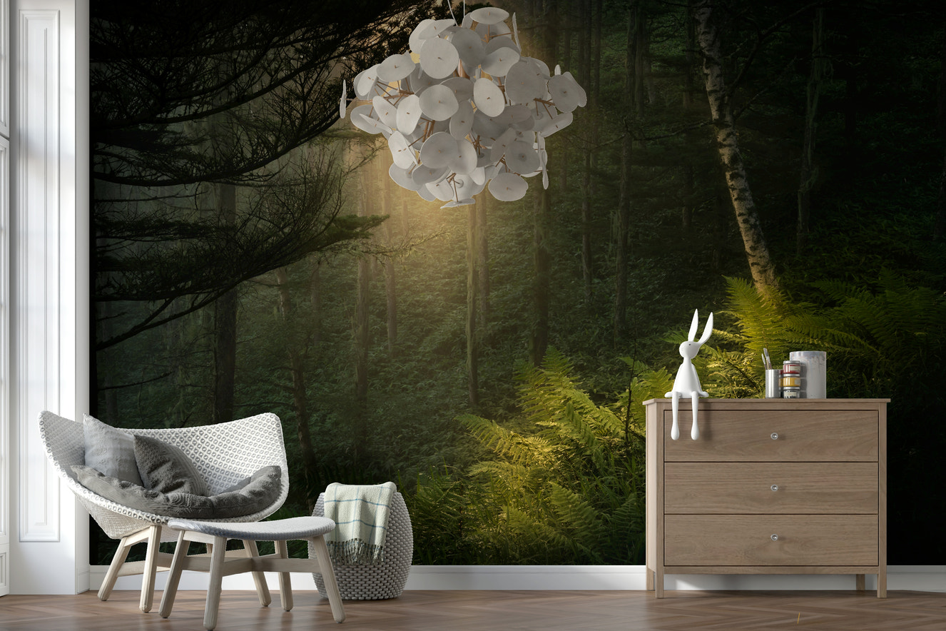 Sunlit Forest ethereal woodland wallpaper mural decor.