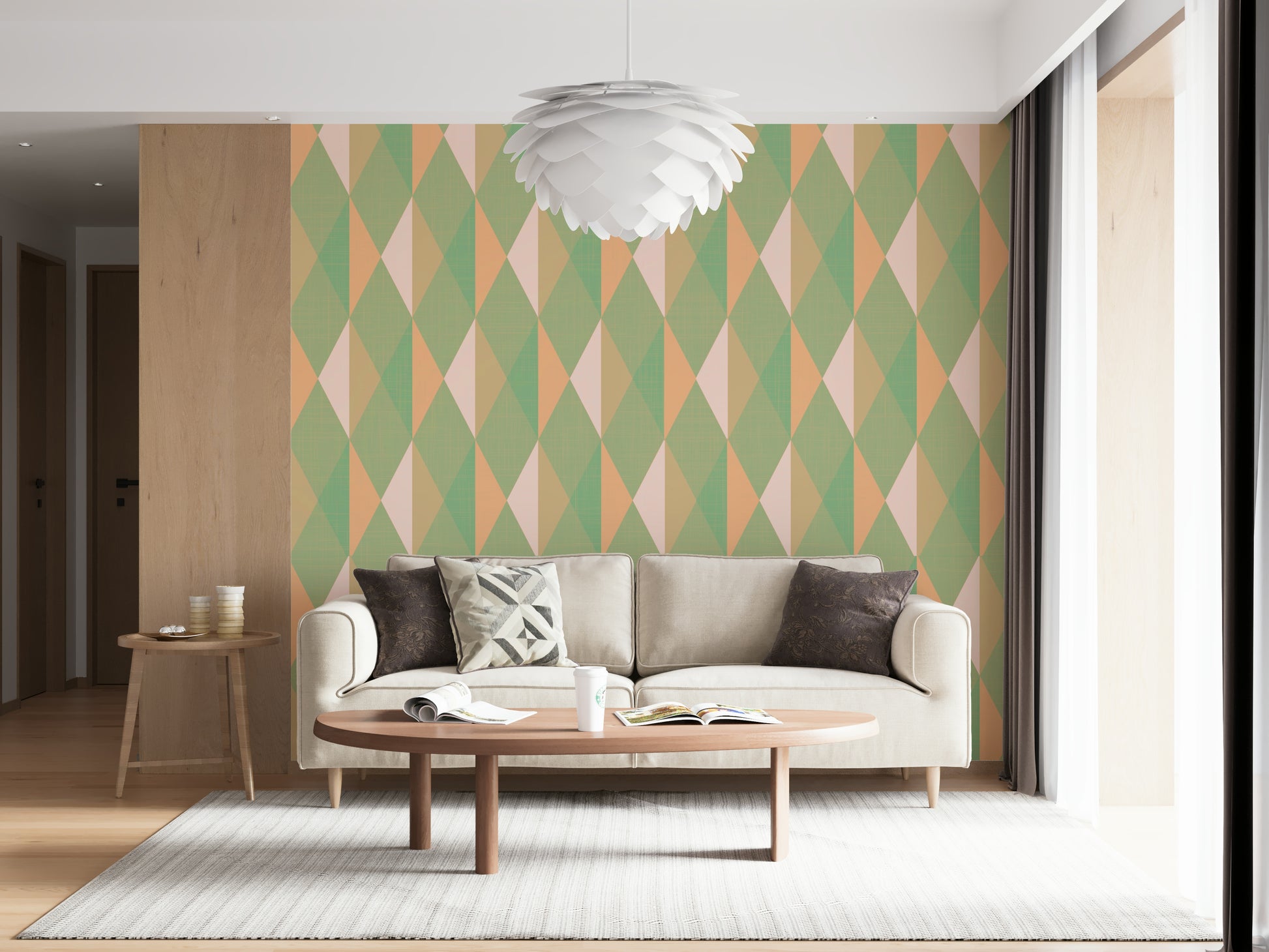 Captivating light geometric Mint & Peach Triangles home mural.