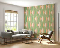 Peach and mint vertical lattice wallpaper for decoration.