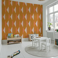 Vivid orange-ivory tile wallpaper surface with texture.
