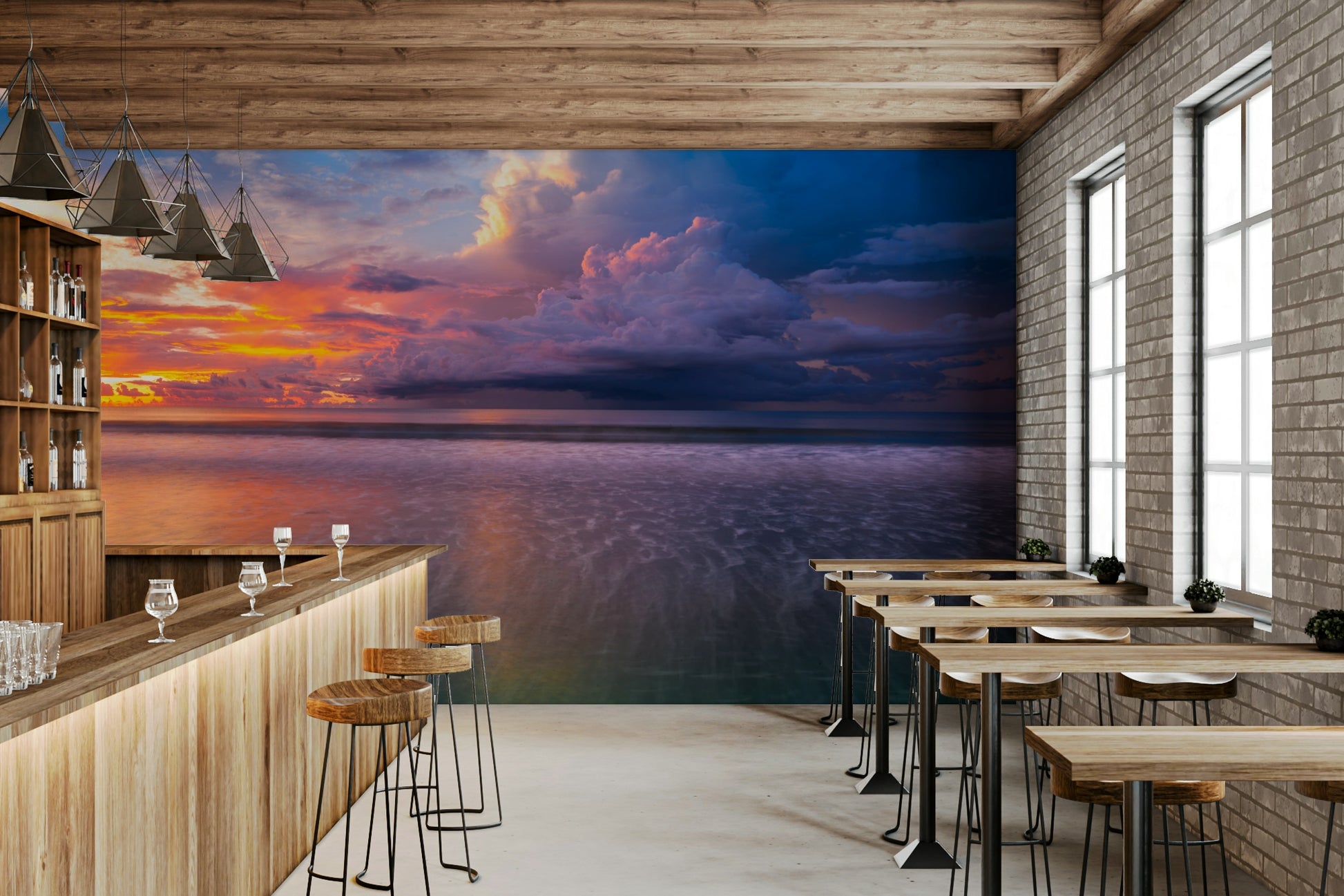 Ocean panorama wallpaper mural Storm Clouds painting rich hues.