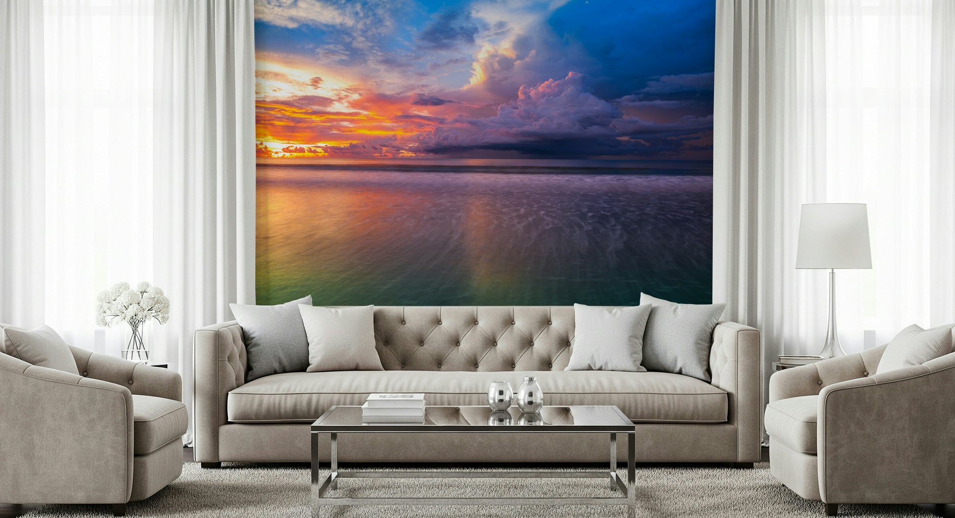 Sunset wall mural Malaysia Storm Clouds design serene horizon reflection.