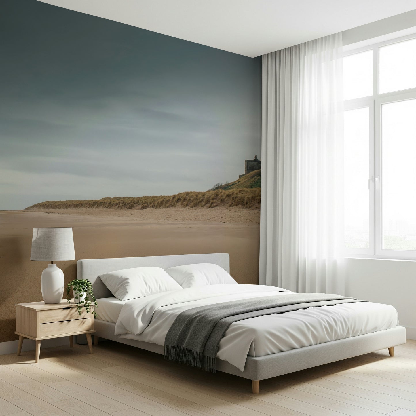 Bamburgh Castle England ocean shore backdrop wall mural.