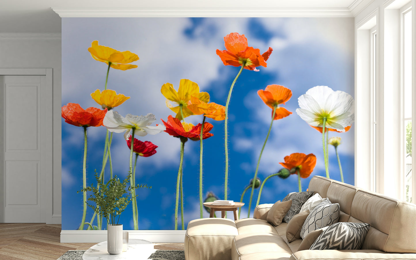 Vivid Blue Sky Bouquet removable wallpaper featuring botanical beauty.