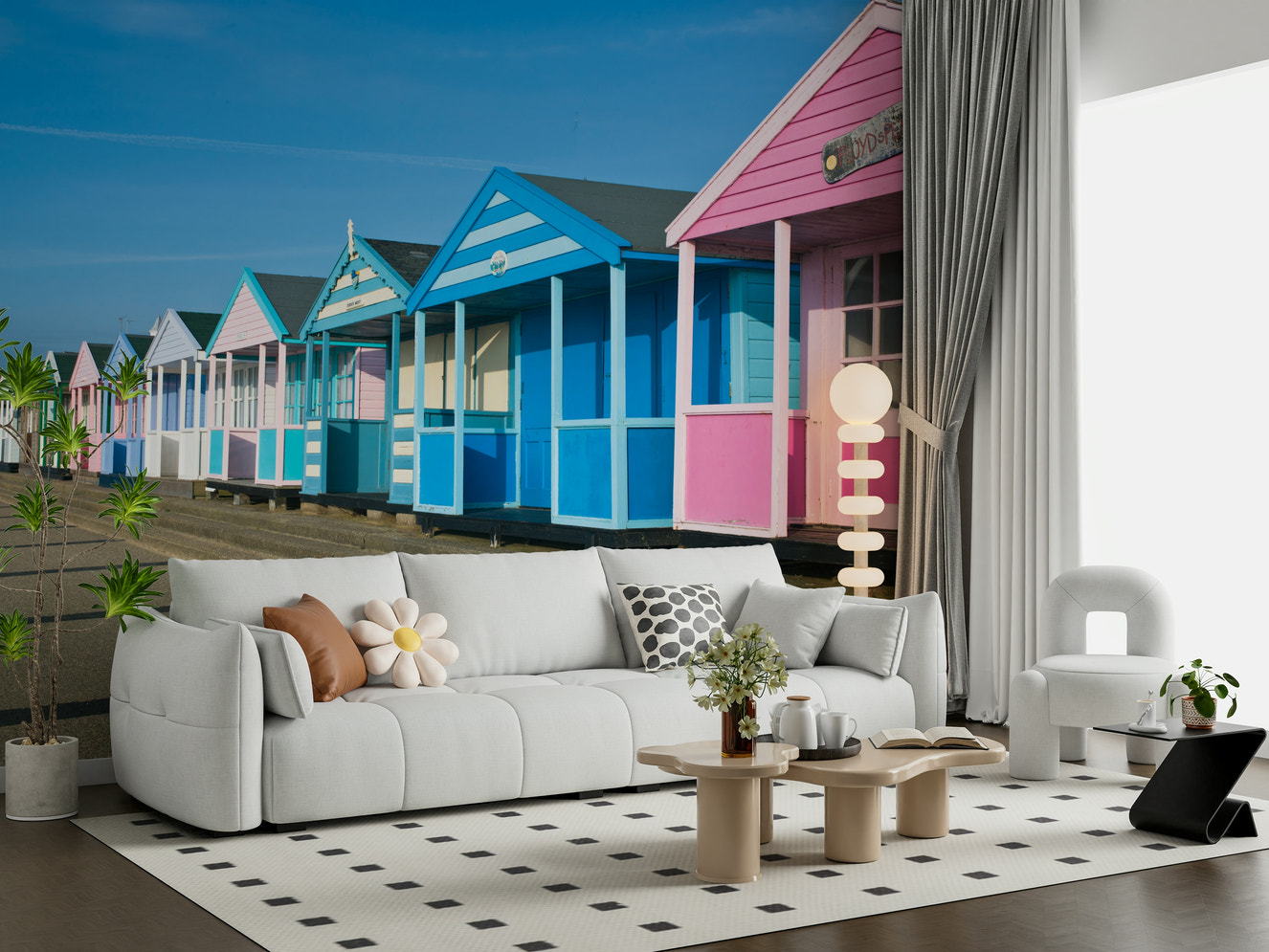 Vibrant Seaside Vibe wall mural, colorful beach hut scene.