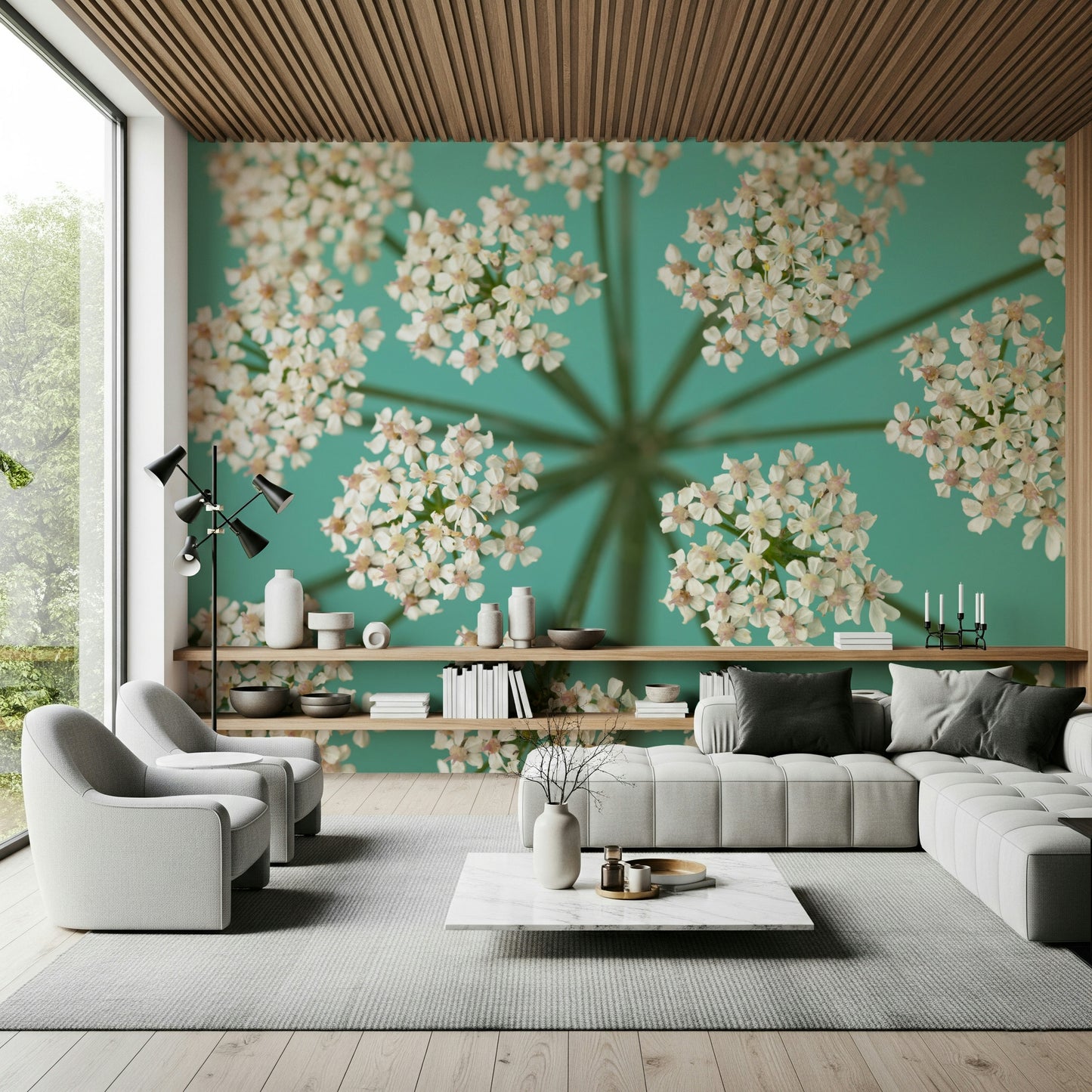 Macro Delicate Blooms peel and stick wallpaper; airy umbels, soft focus background.