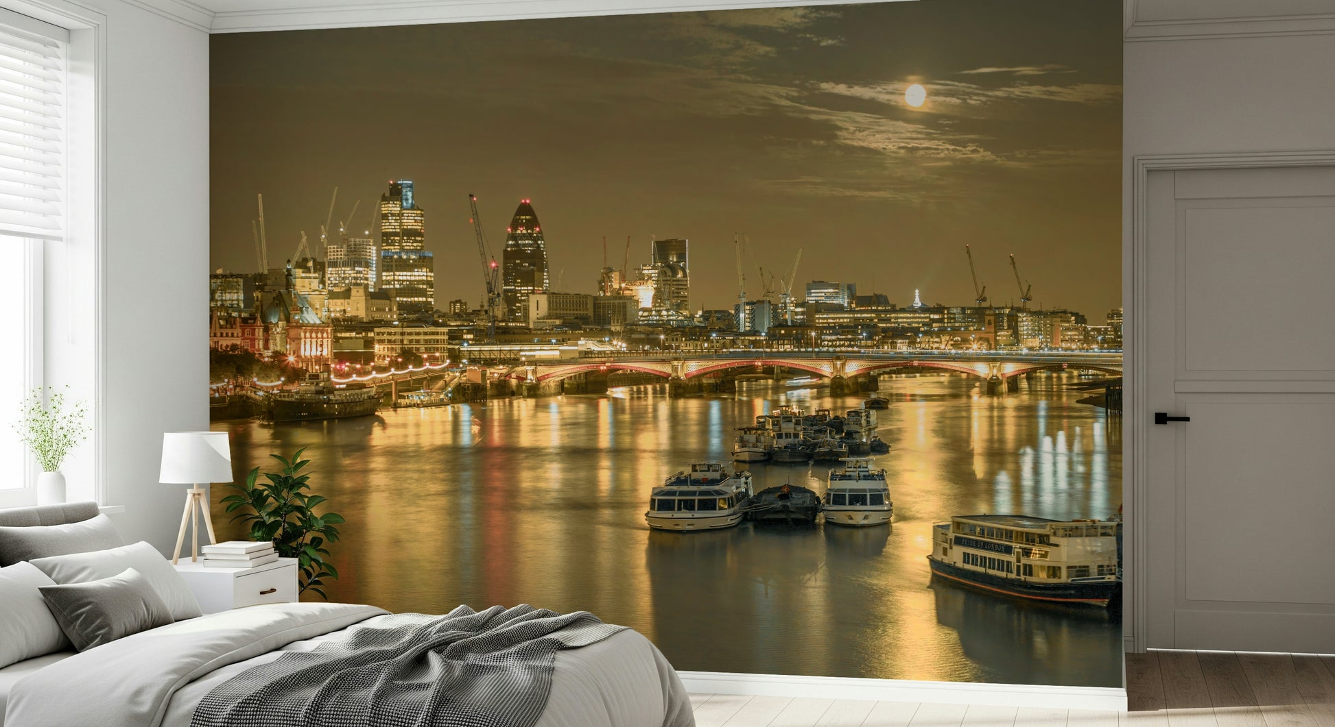 Easy install wallpaper London Nights panoramic city lights picture art.