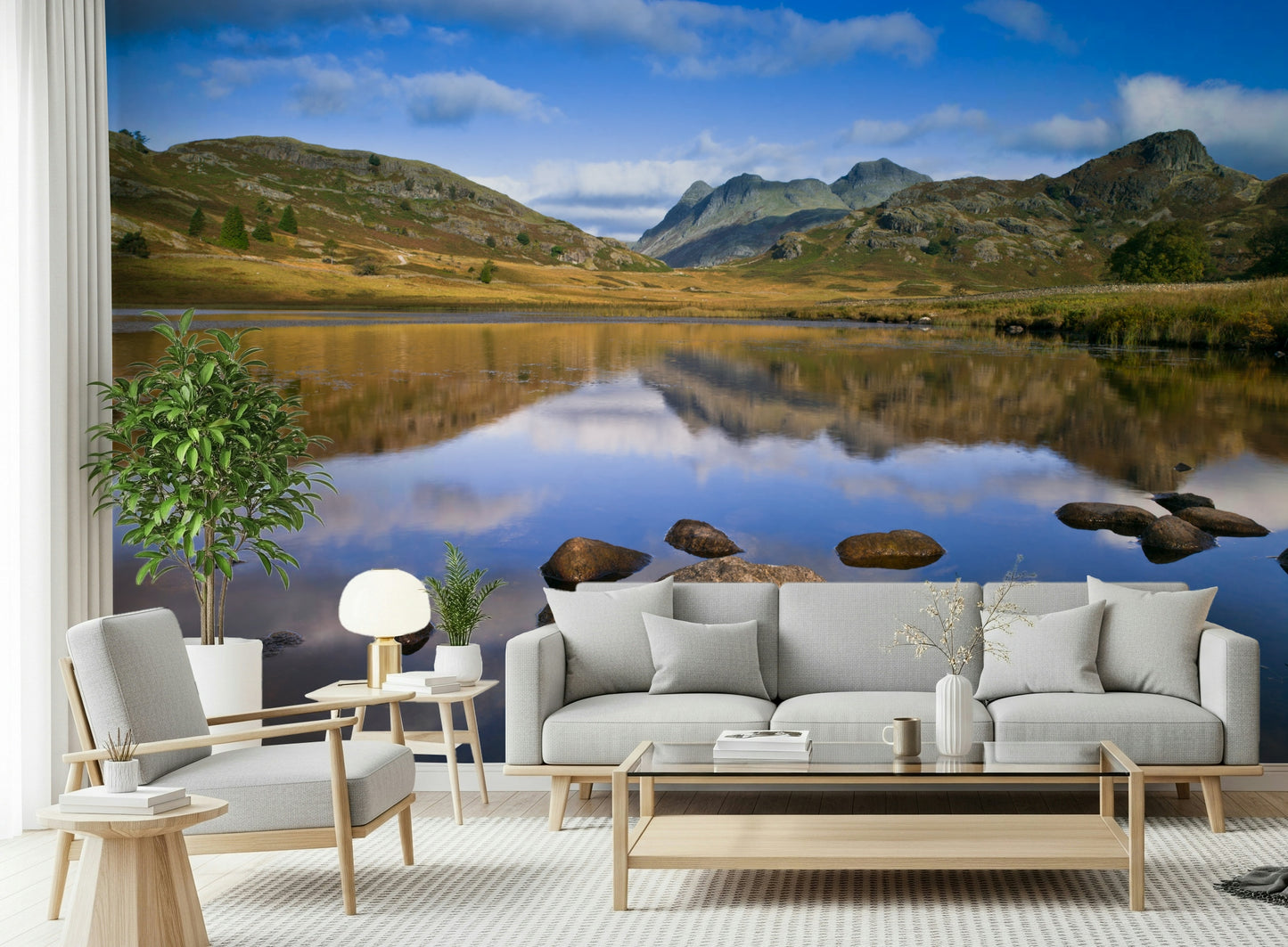 Calm Mountains reflections mural, idyllic high altitude meadow scenery.