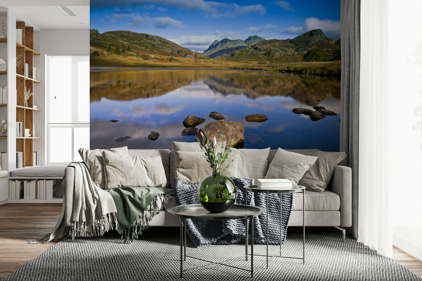 Tranquil Mountains reflections wall covering, still water mirror image.
