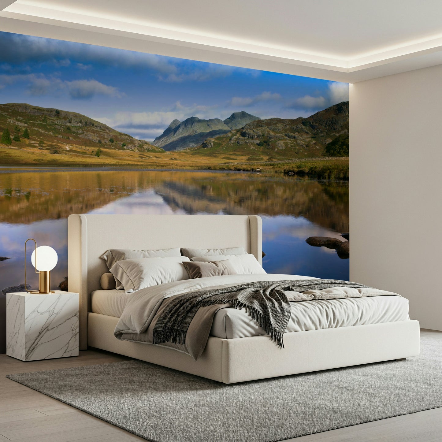 Picturesque Mountains reflections wall decoration, rocky peaks and valley.