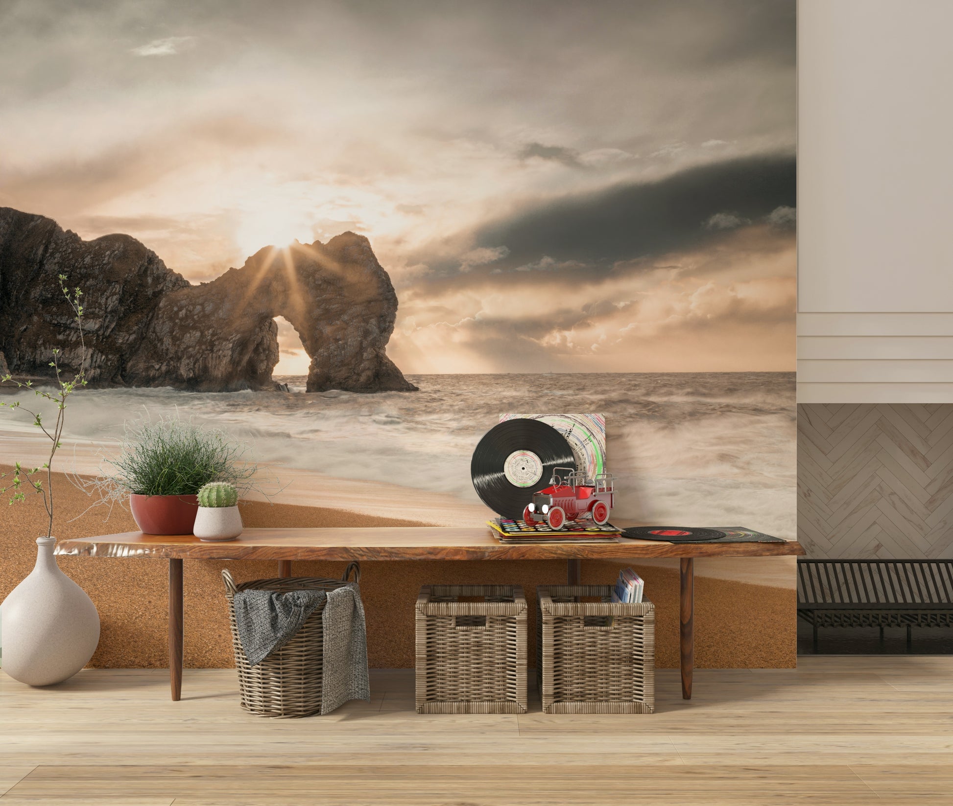 Durdle Door wallpaper mural, majestic natural stone arch at sunset.