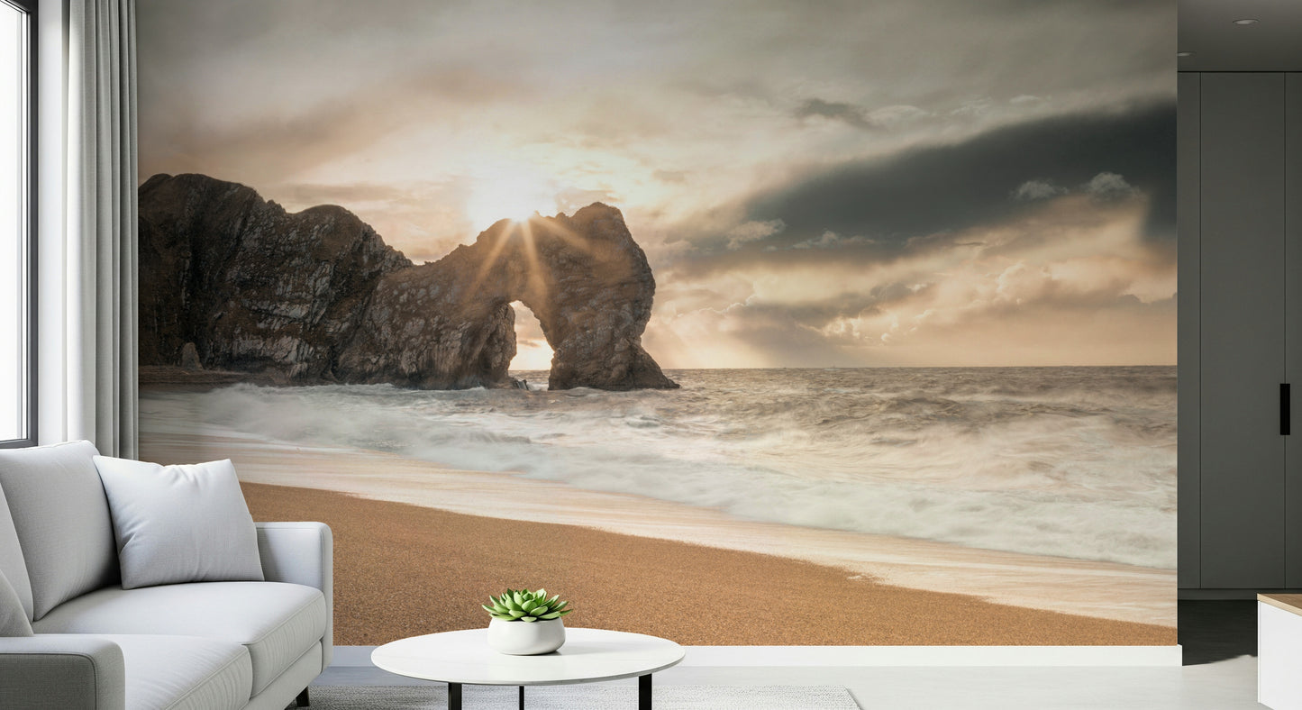 Iconic Durdle Door wall art, famous coastal archway, bright sun rays.