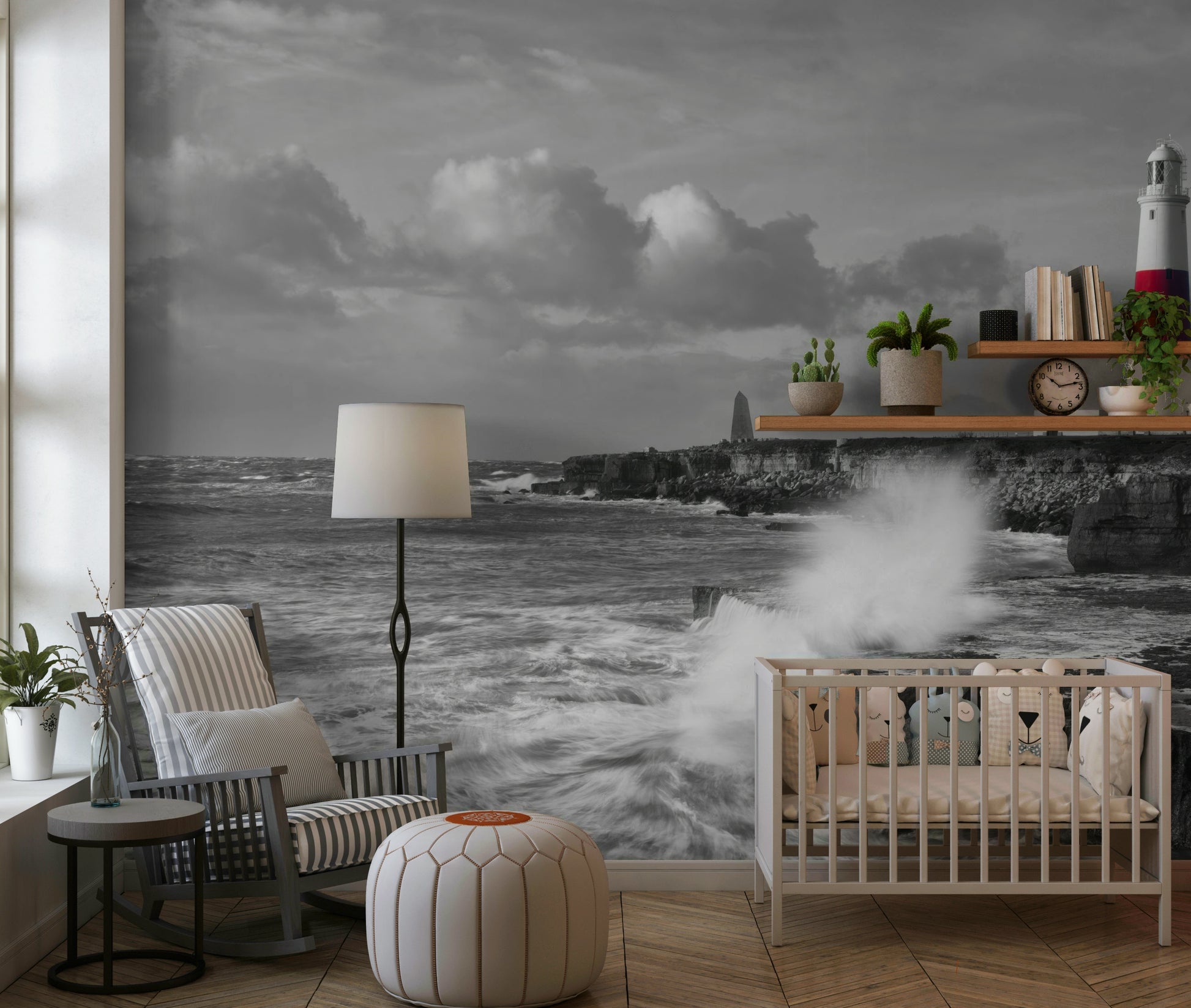 Panoramic Coastal Sentinel wall print, stormy seaside cliffs and beacon.