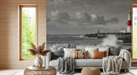 Stunning Coastal Sentinel wall art, red stripe lighthouse, rough ocean waves.