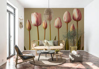 Emerging Elegance wallpaper mural, delicate pink and cream tulips wall covering.