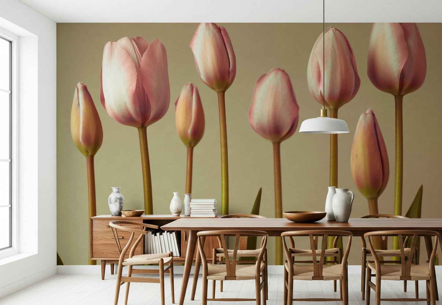 Stylish floral pattern, eight beautiful tulips, Emerging Elegance decoration.