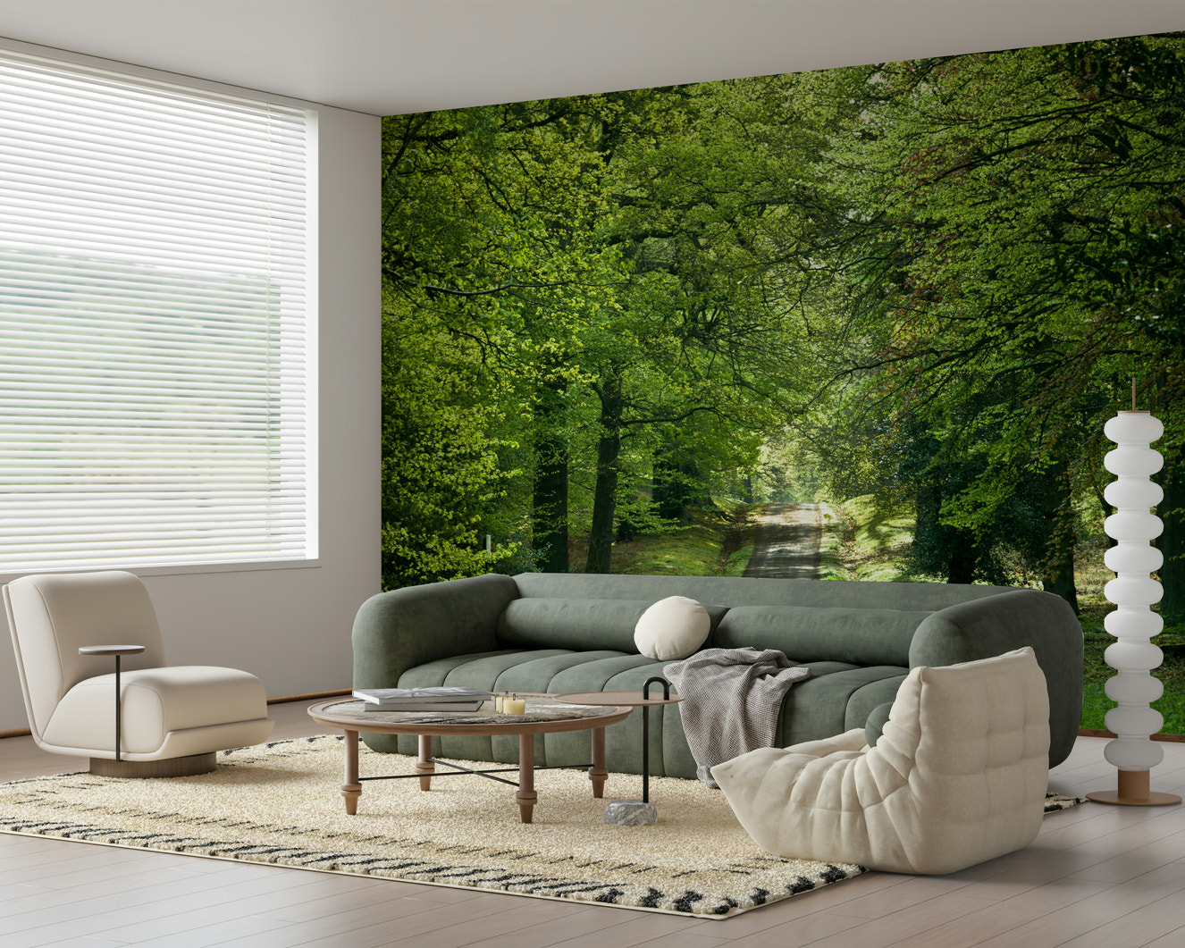 Flourishing Path wallpaper mural, bright verdant forest track wall covering.