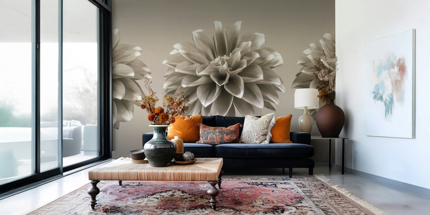 Three soft floral heads, Sepia Dahlia Trio peel and stick wallpaper.