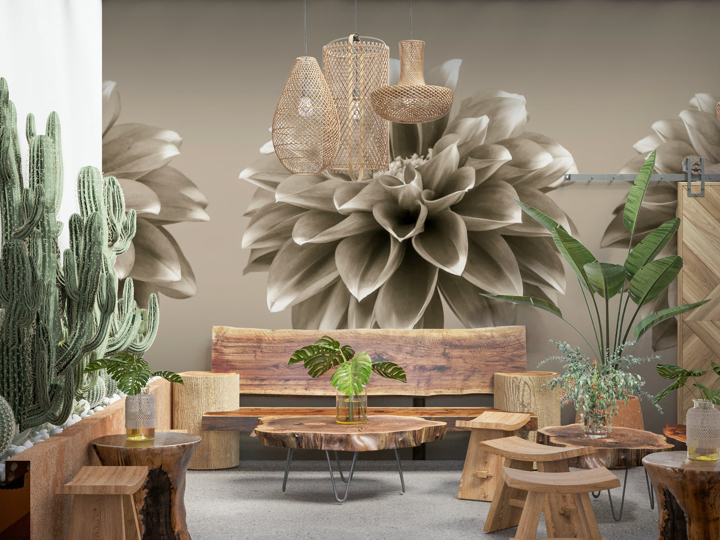 Stunning botanical triptych, Sepia Dahlia Trio wall covering.