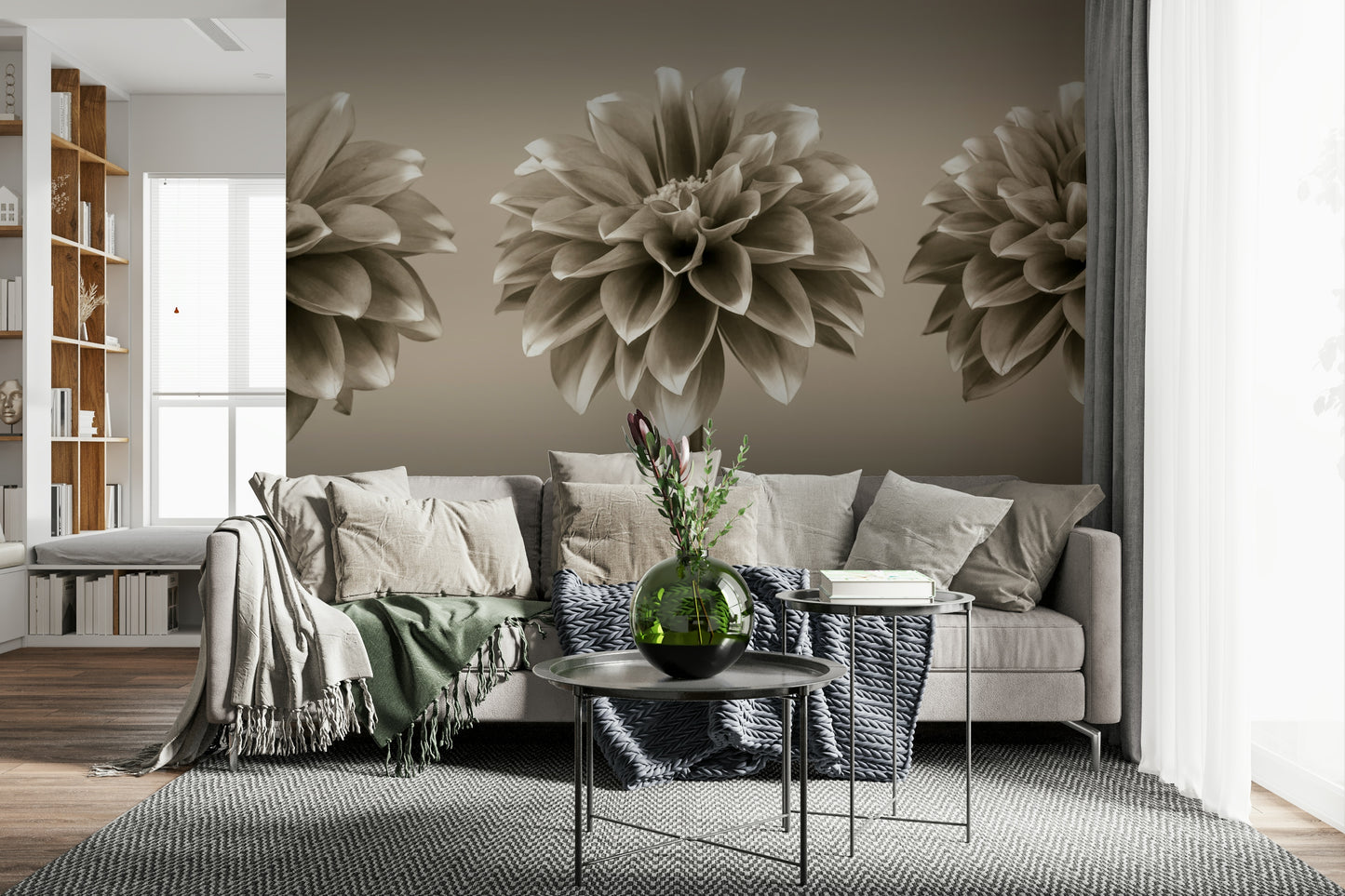 Sepia Dahlia Trio wallpaper featuring three elegant flower blooms.