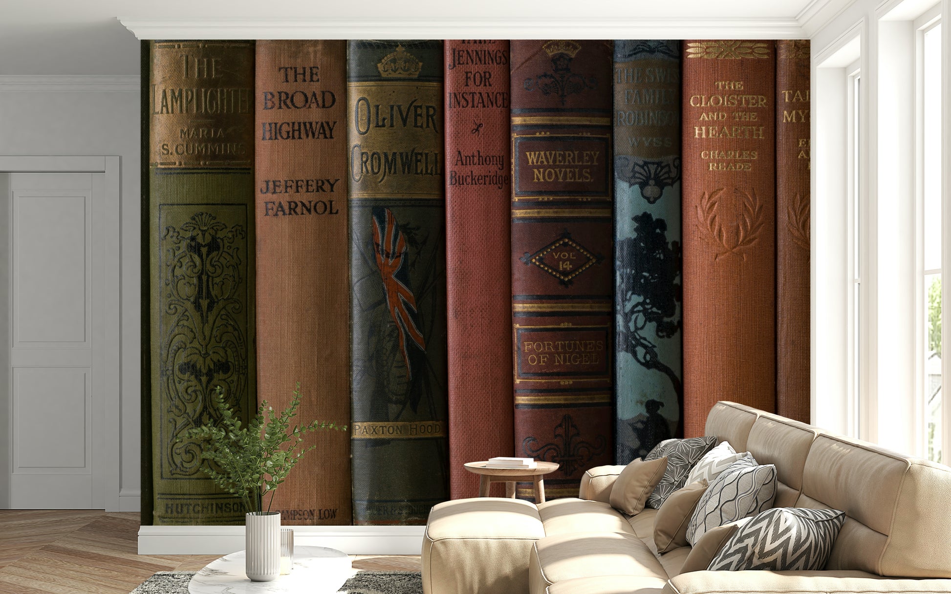 Layered book edges give depth to Classic Literature Shelf wall pattern.