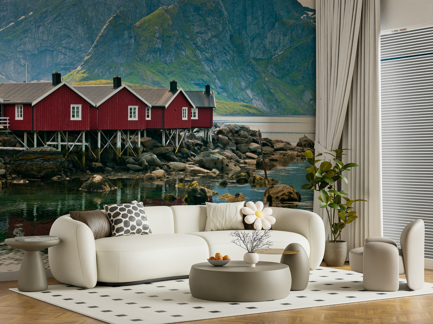 Picturesque Lofoten wallpaper, elevated structures over the glistening ocean.