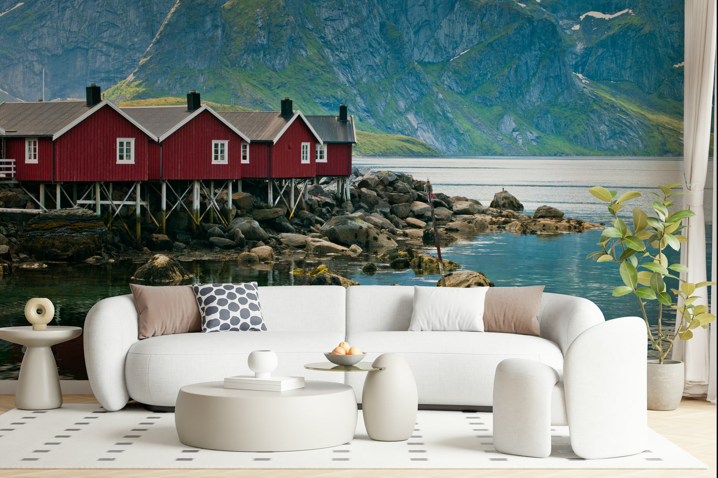Picturesque Lofoten print; Norwegian fishing huts, water reflection.