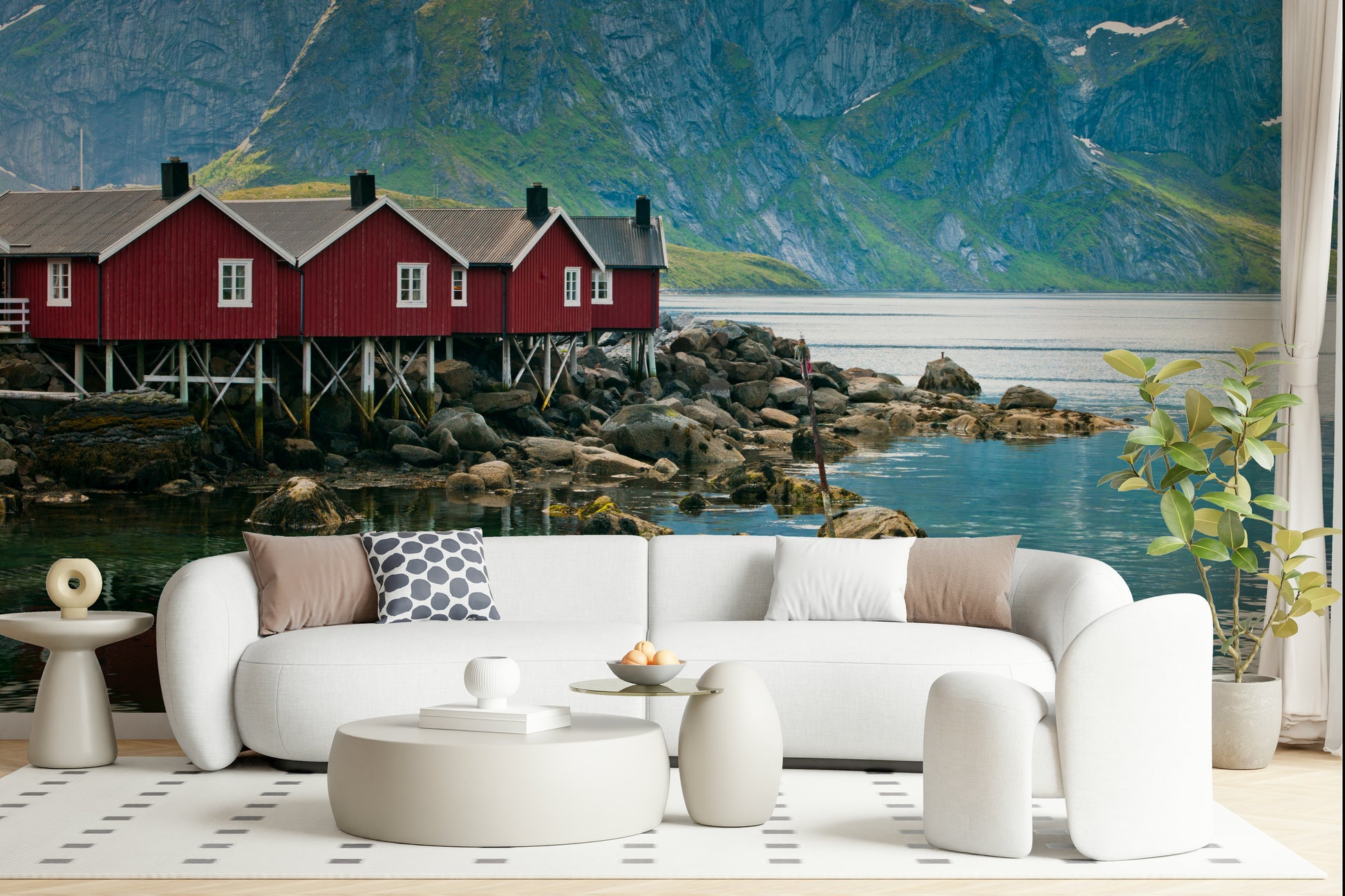 Picturesque Lofoten print; Norwegian fishing huts, water reflection.