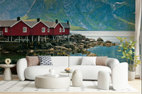 Picturesque Lofoten print; Norwegian fishing huts, water reflection.