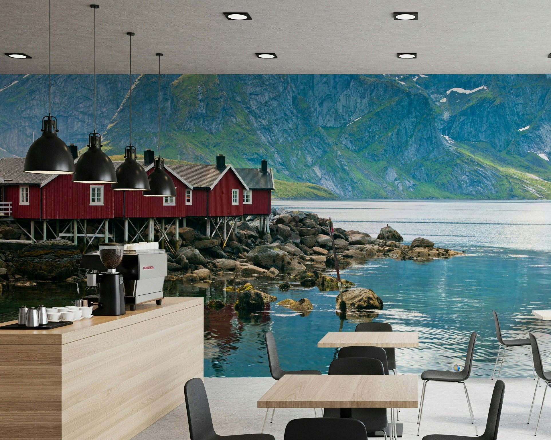 Wallpaper of Picturesque Lofoten; vibrant red, alpine background.