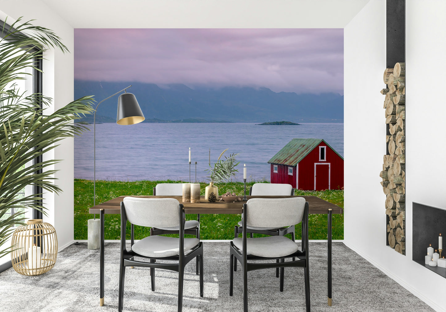 Wall mural Lofoten Coastal Escape; green field, fjord view, dramatic sky.