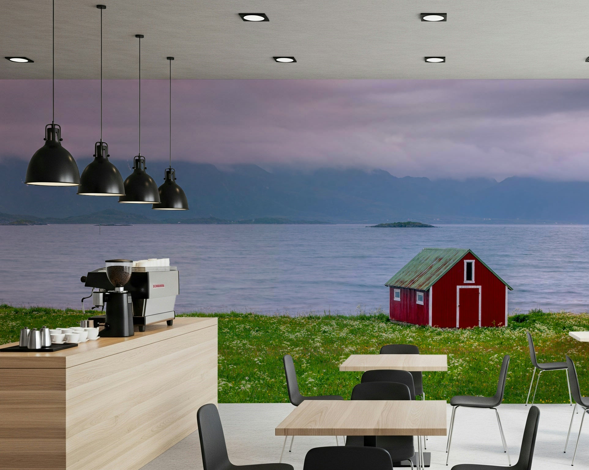 Lofoten Coastal Escape wall art; isolated structure, vast ocean.