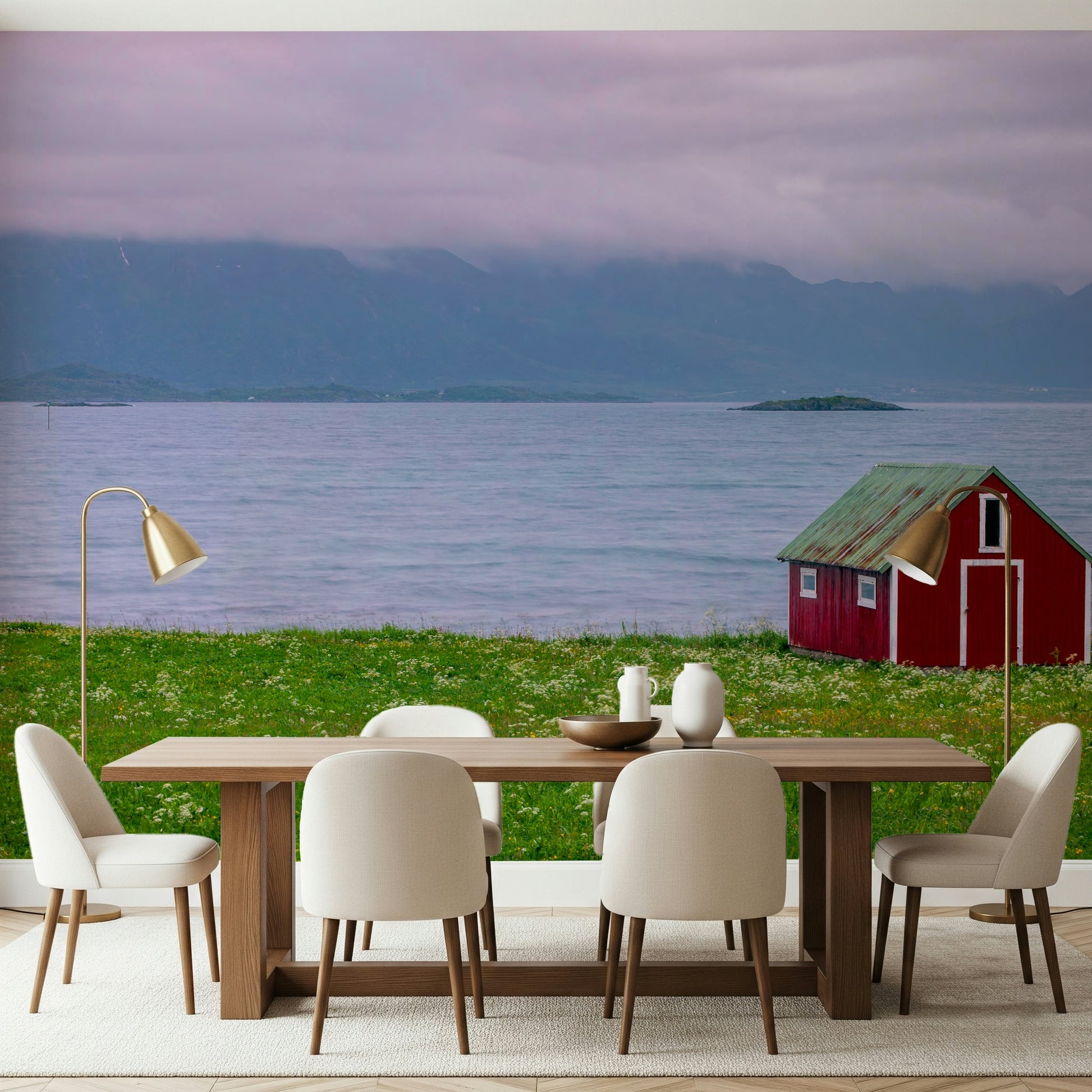 Lofoten Coastal Escape, peel and stick; moody Nordic landscape wallpaper.