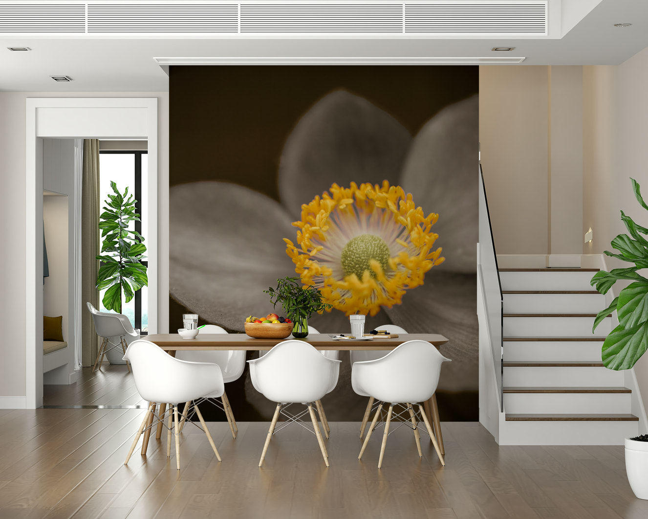 Sunlit Floral Essence wall mural, stunning grayscale and yellow botanical focus.
