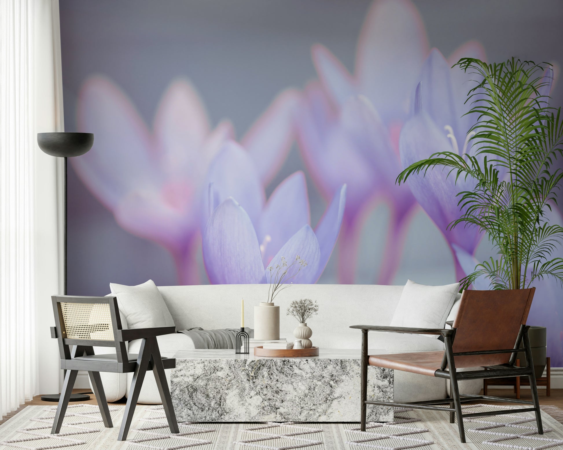 Crocus wall mural, soft focus purple blooms, dreamy floral artwork.