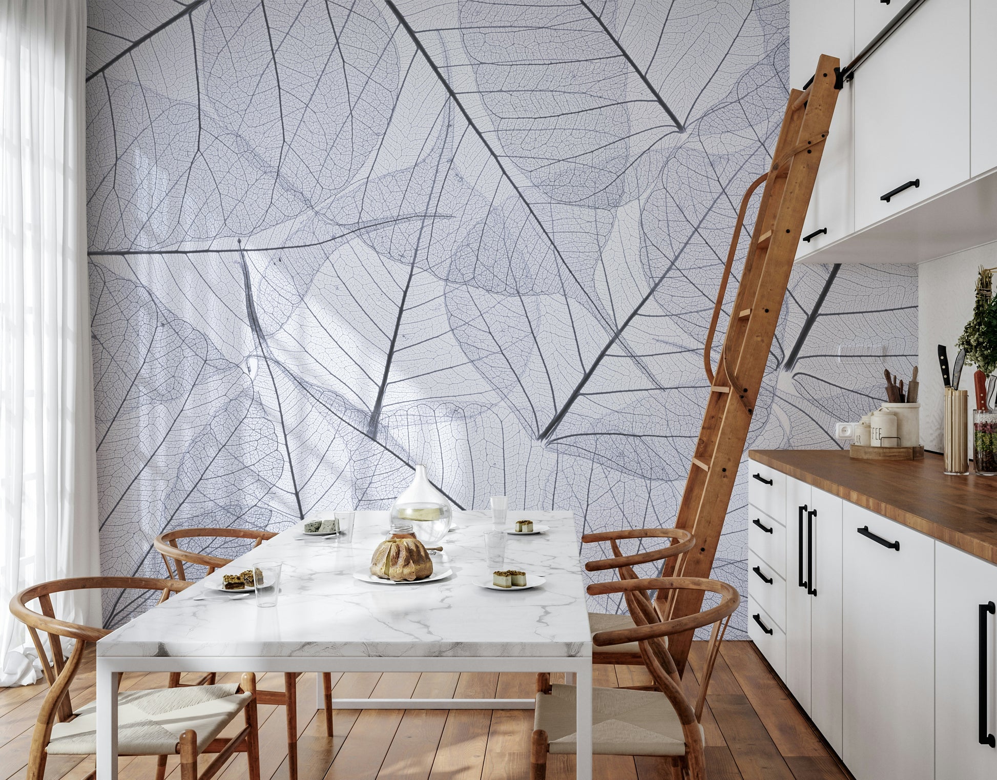 Fine detail of interconnected leaf skeletons, peaceful natural wallpaper, Skeleton Leaves.