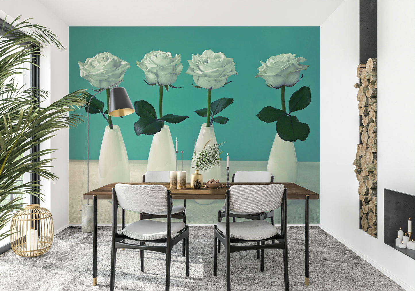 Wallpaper for walls tranquil, sepia-toned Floral Quartet, teal background, white roses.