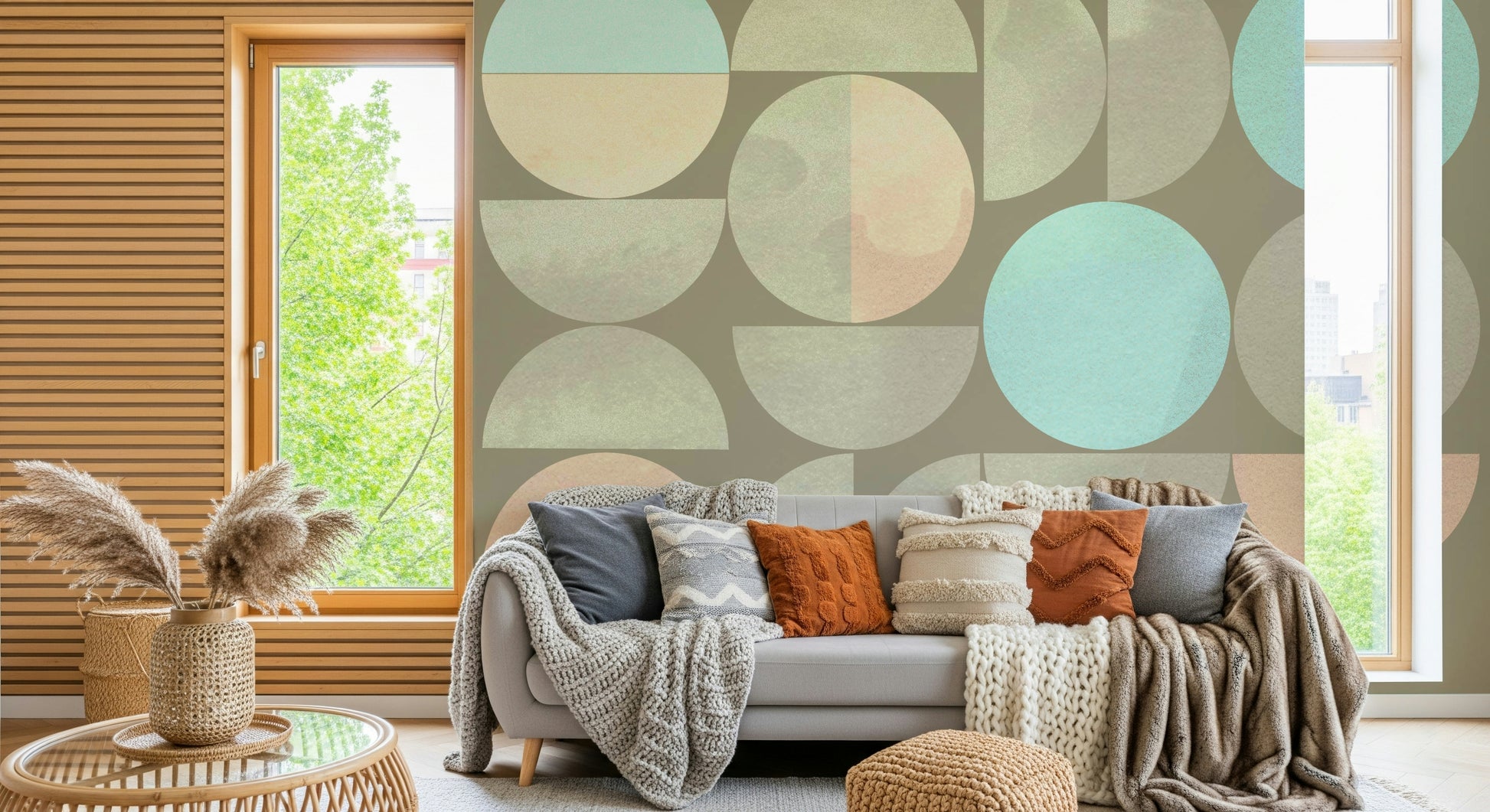 Unique Soft Circle Symphony mural featuring beige semicircles.