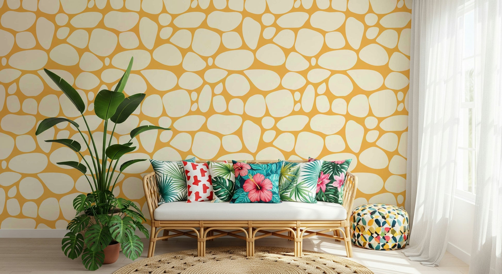 Interior design Pebble Pattern peel and stick wallpaper, warm sunny ambiance.