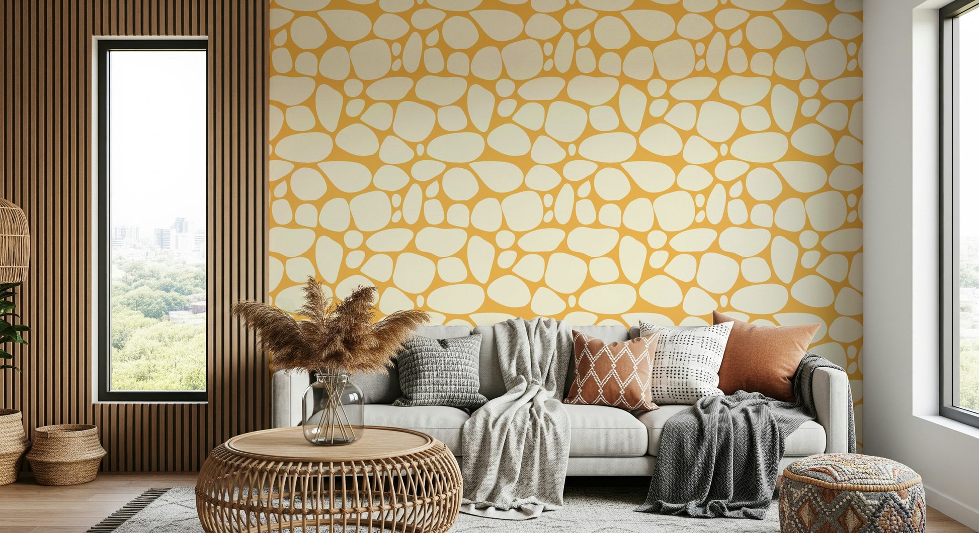 Golden yellow Pebble Pattern wall mural, inviting nature-inspired artwork.