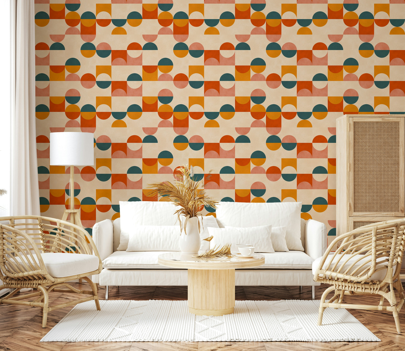 Balance Act wall mural: Mid-century geometric shapes, orange, teal, pink, beige.