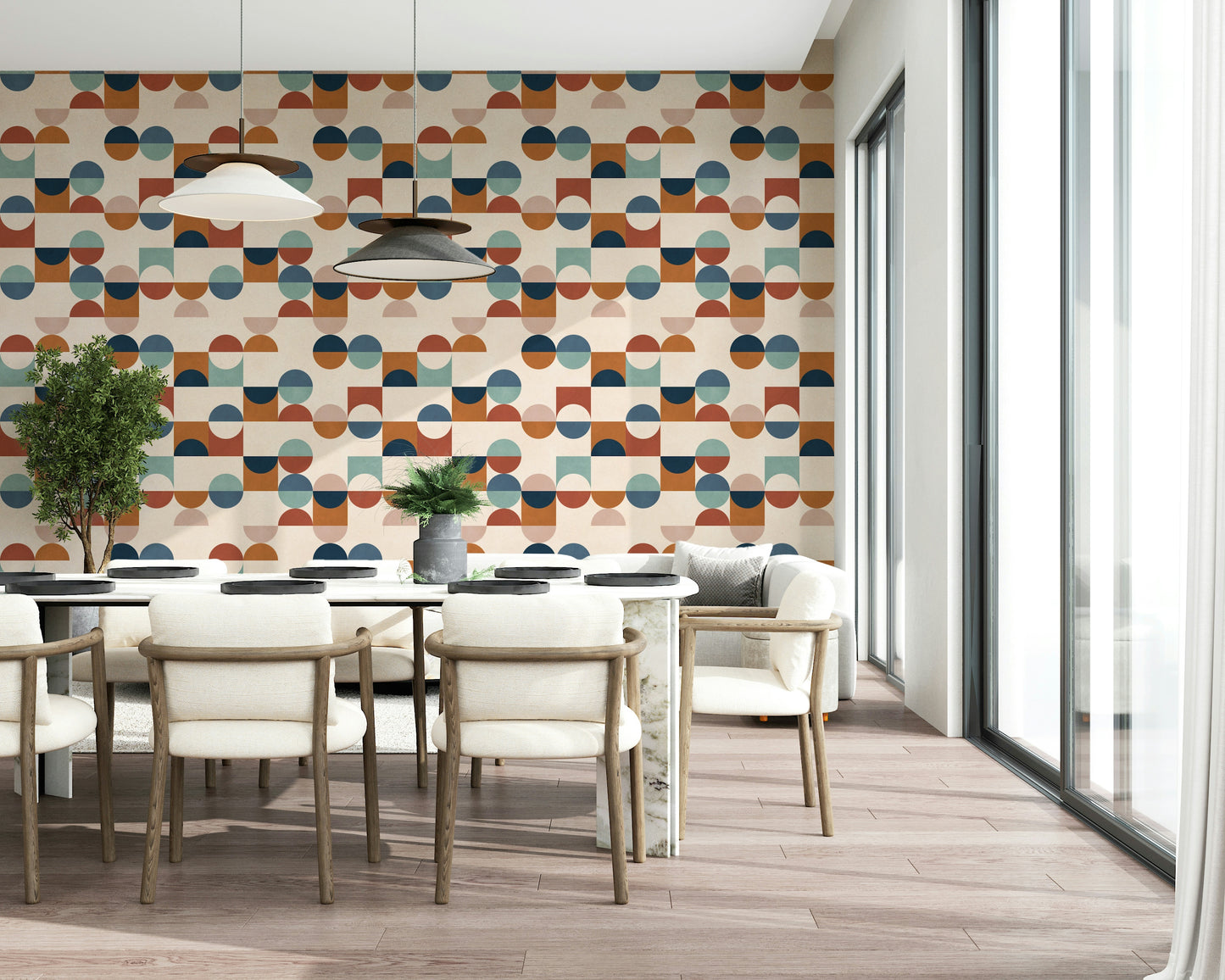 Earthy Mod Blocks wall mural, teal and blush geometric forms.
